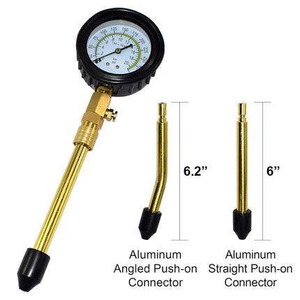 Tire pressure gauge with two connectors labeled 'Aluminum Angled Push-on Connector' and 'Aluminum Straight Push-on Connector'.