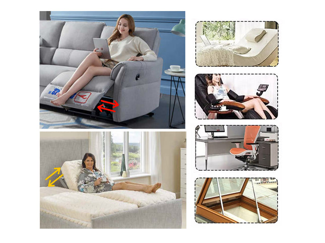 A collage showing a reclining sofa bed with a woman using it, plus four smaller inset photos demonstrating the bed in different settings: as a daybed, under a desk, and with a window opening to reveal the storage compartment.