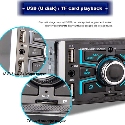 Car audio player with USB and TF card playback features on a white background