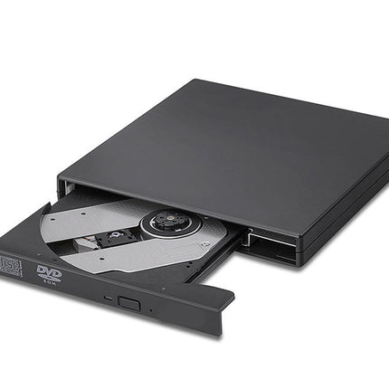 Black external DVD drive with open tray on a white background