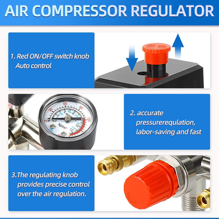 Air compressor regulator with features highlighted on a blue background