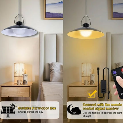 Bedroom scene with pendant lights and remote control, suitable for indoor use.