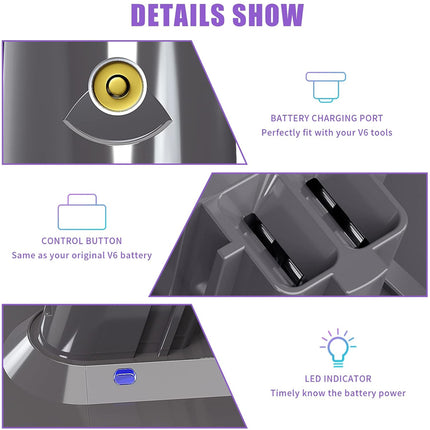 Detailed view of a battery charging port, control button, and LED indicator on a product.