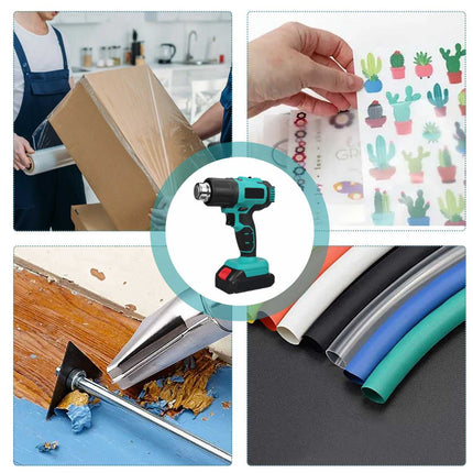 Collage of various items including a drill, cactus stickers, a box being opened, and vinyl rolls.