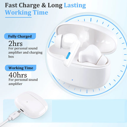 White wireless earbuds with charging case on a light blue background, highlighting fast charge and long working time features.