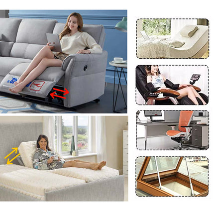 A collage showing a reclining sofa bed with a woman using it, plus four smaller inset photos demonstrating the bed in different settings: as a daybed, under a desk, and with a window opening to reveal the storage compartment.