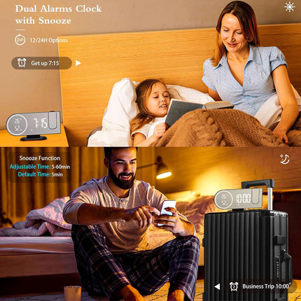 6 in 1 Digital Alarm Clock with 180° Projector FM Radio USB Charger Temperature Humidity Monitor Dual Alarm 7 Inch LED Display