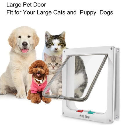 Pet door for large pets with a dog, cat, and puppy in front of it on a white background.