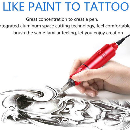 Red tattoo pen being used to draw a design on paper, with text about its features.