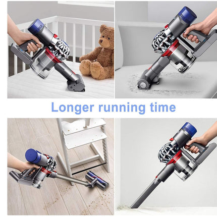 Dyson vacuum cleaner being used in various settings with text 'Longer running time'.
