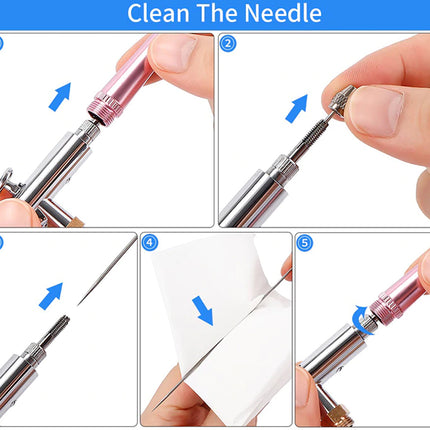 Instructional diagram titled 'Clean The Needle' showing five numbered steps with blue arrows and hand-held views of a metallic pen-like tool being cleaned with a white cloth.