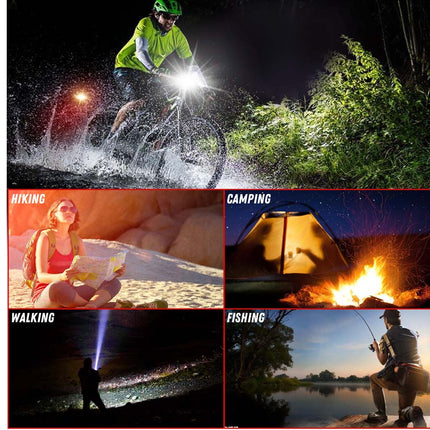 Collage of people using flashlights in various outdoor activities including hiking, camping, walking, and fishing.
