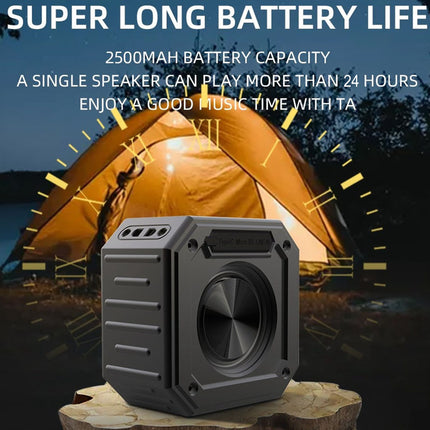 Portable speaker with camping scene and battery life text