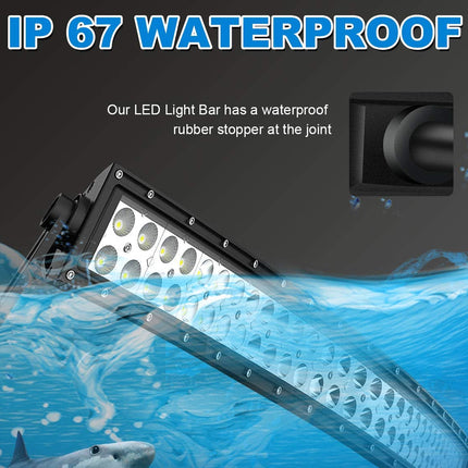 LED light bar with IP 67 waterproof feature, submerged in water with a shark illustration.