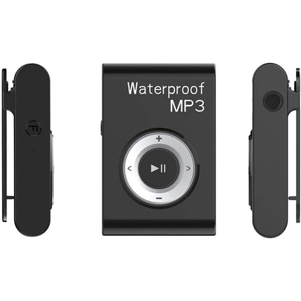 A black waterproof MP3 player shown from the front and two side angles on a plain white background. The front displays 'Waterproof MP3' text above a circular play/pause control.