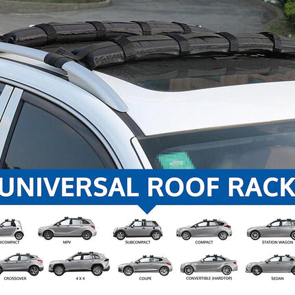 Car with a universal roof rack system and compatibility chart for different car types.