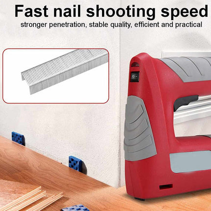 A red and gray nail gun shown in a home-like setting with a wooden floor and wall, alongside an inset close-up of metal nails and marketing text reading 'Fast nail shooting speed'.