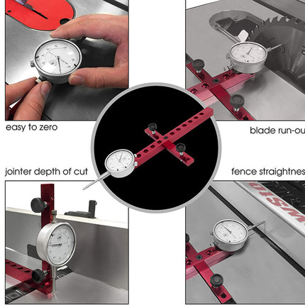 A collage showing a red and silver dial caliper tool being used on a table saw to measure blade run-out, jointer depth of cut, and fence straightness, with explanatory text labels.