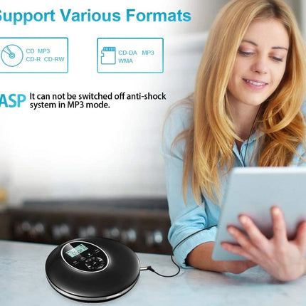 A woman in a light blue shirt sits at a kitchen counter holding a tablet, with a black round anti-shock earpiece device placed on the counter in the foreground. Text on the left reads 'Support Various Formats' and lists supported file formats, with 'ASP' noted below.