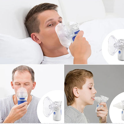 Man and child using a nebulizer with close-up shots of the device.