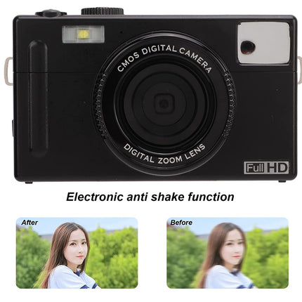 Black digital camera with electronic anti-shake function feature on a white background