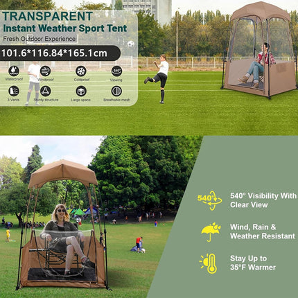 Transparent instant weather sport tent with people using it in a park setting.