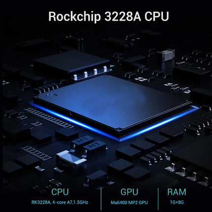 Rockchip 3228A CPU on a circuit board with glowing blue accents