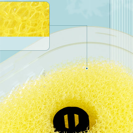 Close-up of a yellow sponge with a detailed texture on a blue background