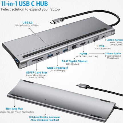 An 11-in-1 USB C hub with detailed product specifications, labels, and feature callouts on a white background.