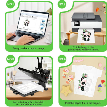 Step-by-step process of using a printer to print an image on fabric.