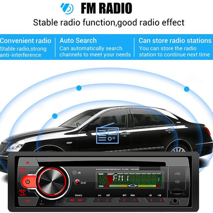 Car stereo system with FM radio display and features highlighted