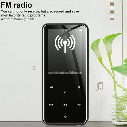 A black portable FM radio player with a glossy screen displaying an FM signal icon, shown standing upright on a surface next to a small green plant in a glass vase. Text on the left reads 'FM radio' with descriptive copy about recording and saving radio programs.