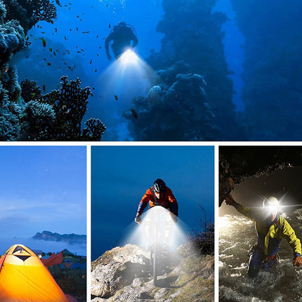 A three-panel collage showing a powerful headlamp light in use: underwater with a diver and coral reef, camping with an orange tent in the glow, and a person wading through shallow water at night with the headlamp illuminating the path.