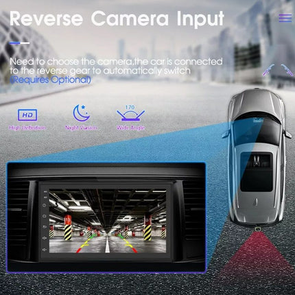 Car reverse camera system with screen displaying parking assistance, labeled 'Reverse Camera Input'.