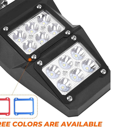 Black LED light bar with three color options on a white background