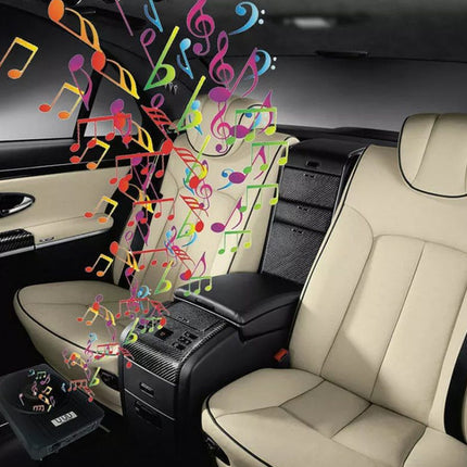 Car interior with beige seats and colorful musical notes indicating sound, on a white background.