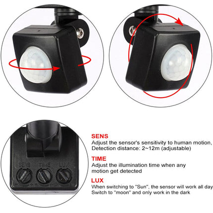Black motion sensor light with adjustable settings on a white background