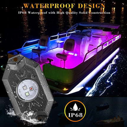 Boat with underwater light and waterproof design features at night.