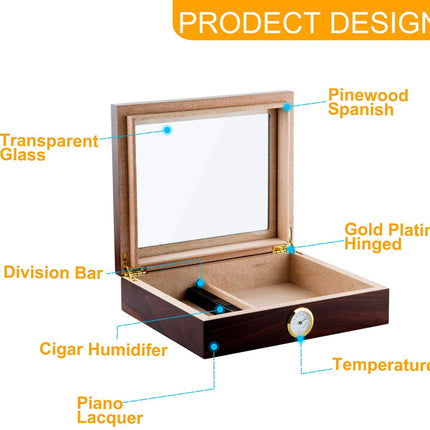 Walnut Wood Cigar Humidor Box for 35 Cigars | Hygrometer Humidifier Glass Top Storage Case