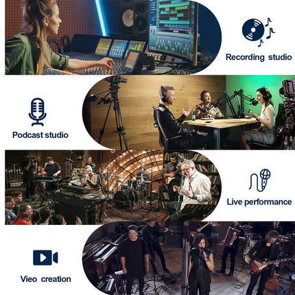 Collage of scenes from a recording studio, podcast studio, and live performance with corresponding icons.