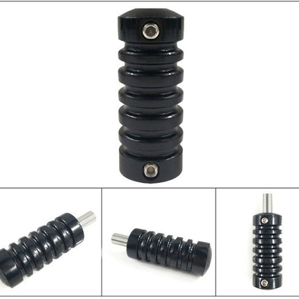 A black ribbed metal foot peg or brake pad component shown from multiple angles on a white background, with three smaller inset views at the bottom and one larger view at the top.