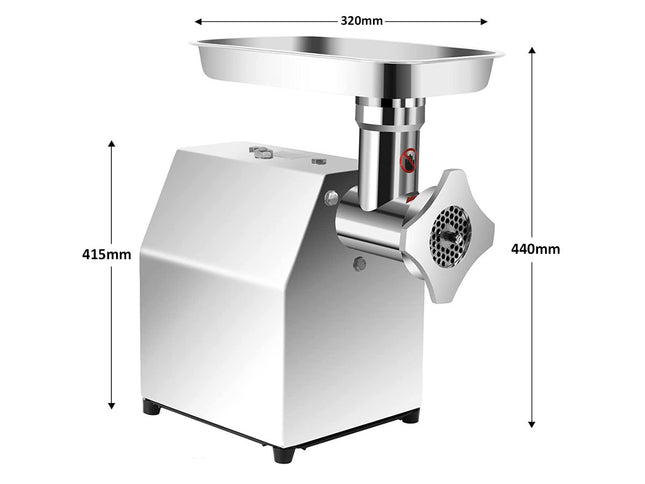 Stainless steel meat grinder with dimensions labeled on a white background