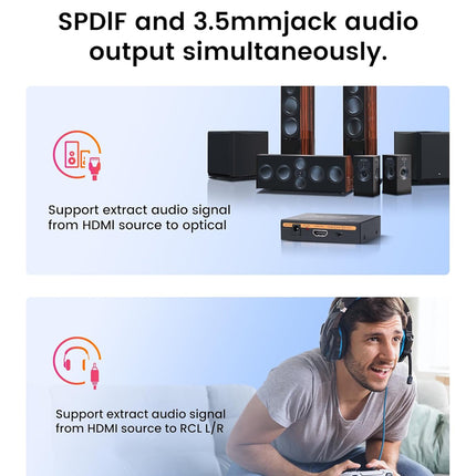 Advertisement showcasing audio output options with text and images of speakers and a person wearing headphones.