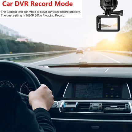 Car dashboard with a camera mounted on the windshield, showing a road ahead.