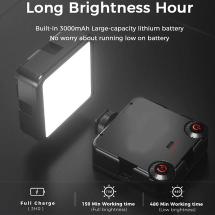 Lighting device with text highlighting battery capacity and working times on a dark background