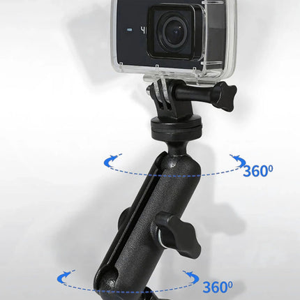 Action camera with a 360-degree rotation arm on a white background