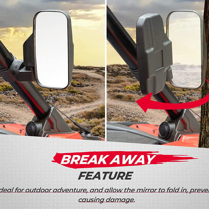 Side view mirror with breakaway feature on a vehicle, set against a desert landscape.