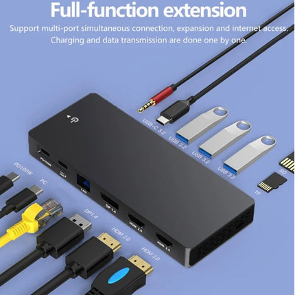 Black full-function extension with multiple ports and cables on a blue background