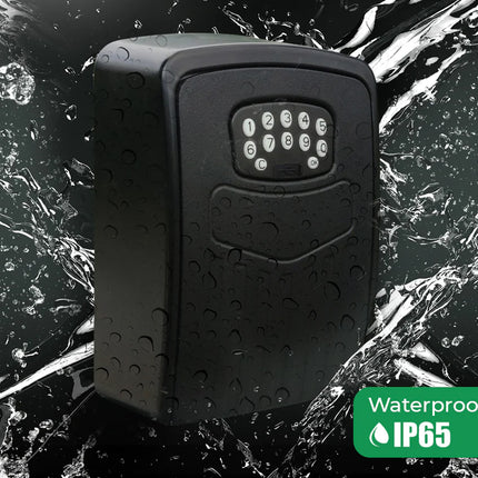 Black waterproof electronic key lock with water droplets on a dark background