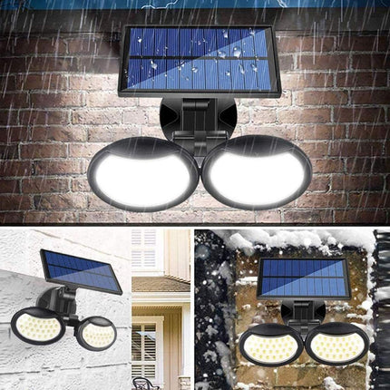 Solar-powered outdoor light fixture on a brick wall with additional images showing its use in various settings.